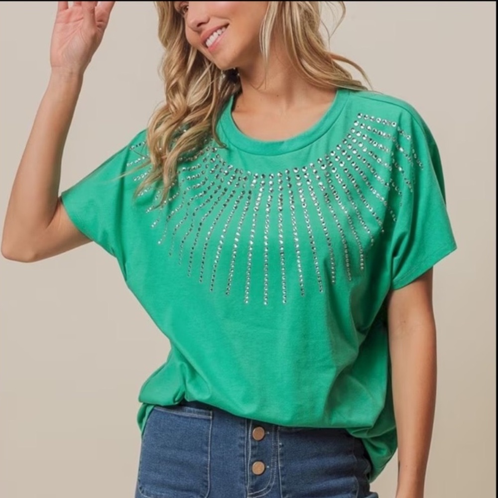 NWT BiBi Rhinestone Sunburst Tee - Emerald Green